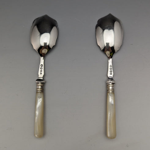 Early 20th Century British Antique White Pearl Shell Handle Jam Spoon Pair Boxed